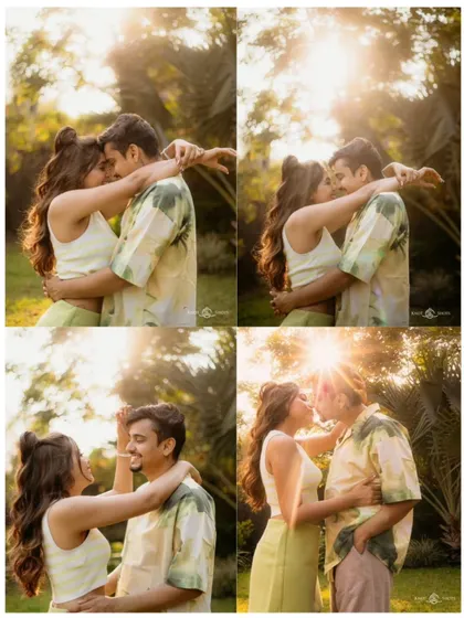 This collage showcases the variety of intimate moments we can capture during a single golden hour session, from gentle kisses to shared smiles, all bathed in beautiful, warm light.