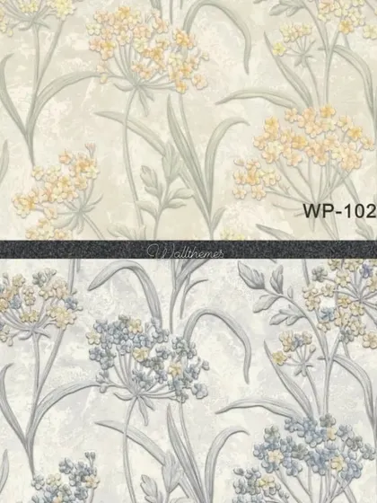 Two color options for a wildflower wallpaper, one with yellow flowers and one with blue.