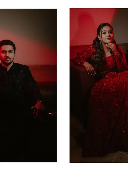 A diptych of individual portraits of the bride and groom, using dramatic red lighting to match the party vibe.