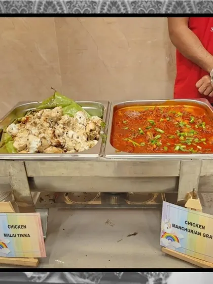A non-vegetarian buffet spread featuring Chicken Malai Tikka and Chicken Manchurian Gravy, offering rich and diverse flavors.