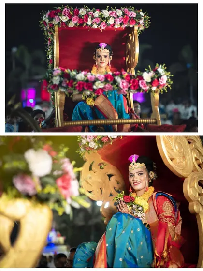 A collage showing the bride's grand entrance on a doli, or palki. We capture this spectacular moment from different angles to tell the full story.