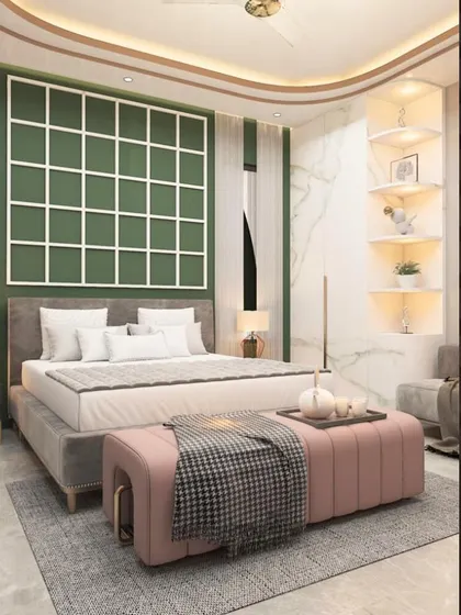 A collage of 3D renders displaying my top-notch services, including a bedroom with a green accent wall and a dining area with elegant seating.
