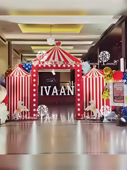 A grand carnival entrance with multiple striped tent archways, creating an impressive and immersive welcome for all the guests.
