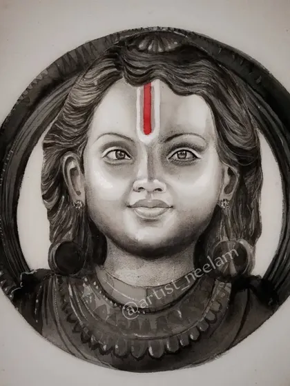 The finished portrait of Ram Lalla, with the tilak highlighted in color. This piece combines detailed monochrome sketching with a single, powerful color accent.