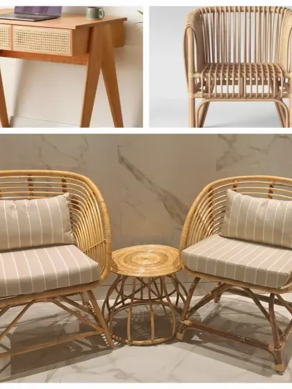 This collage displays the versatility of our rattan furniture collection, featuring a woven desk, a classic armchair, and a cozy patio set. We can furnish entire spaces, from home offices to balconies, with coordinated, handcrafted pieces.