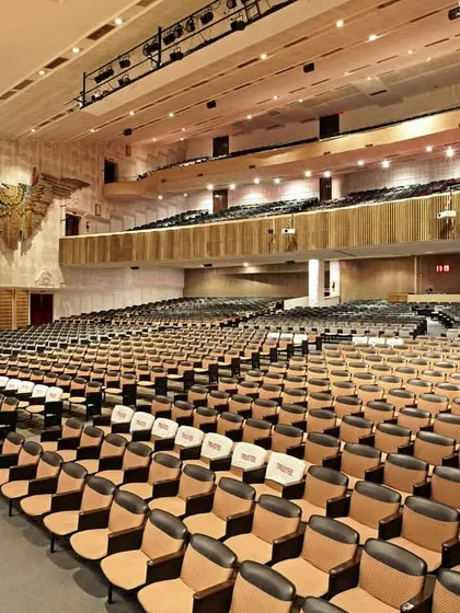 Another view of a grand auditorium, showcasing the expansive seating arrangement and the detailed acoustic paneling on the walls. Our designs ensure optimal sightlines and sound quality for every member of the audience.