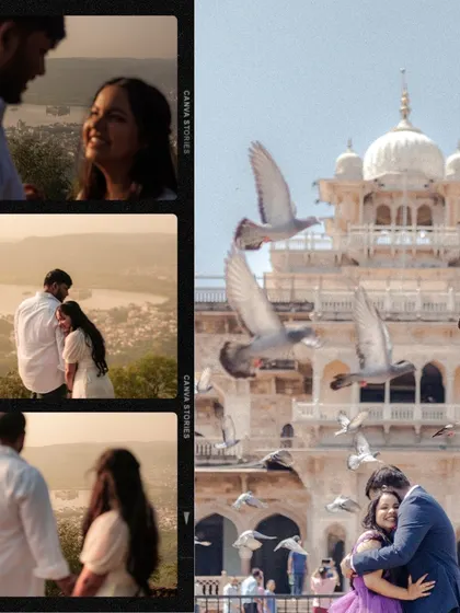 A filmstrip-style collage from a Jaipur pre-wedding shoot, showing candid moments against the backdrop of the city's beautiful architecture and scenic views.
