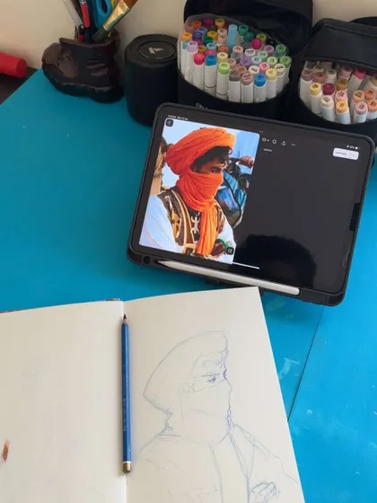 This is where every custom illustration begins. I start with a reference photo and a simple pencil outline in my sketchbook before I even think about adding color or ink.