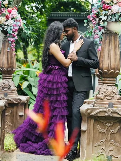 It's all about capturing the connection between you two. This beautiful ruffle gown is just one of over 150 outfits you can choose for your pre-wedding photoshoot package in Bangalore.