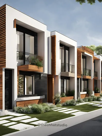This design for duplex row housing showcases a perfect blend of modernity and functionality. I used a combination of white render, wood-look slats, and clean lines to create a cohesive and stylish streetscape.