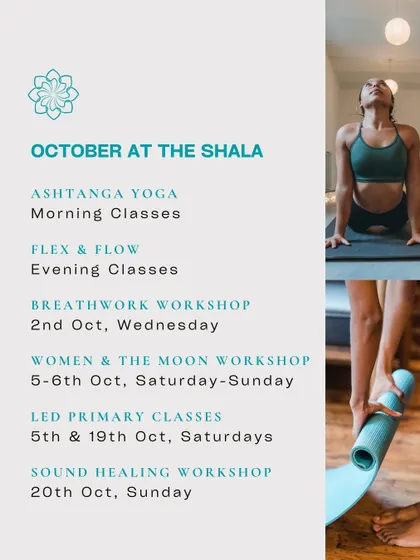 Our October schedule, packed with opportunities to nourish your mind, body, and soul, from regular classes to workshops on sound healing, breathwork, and moon energy.