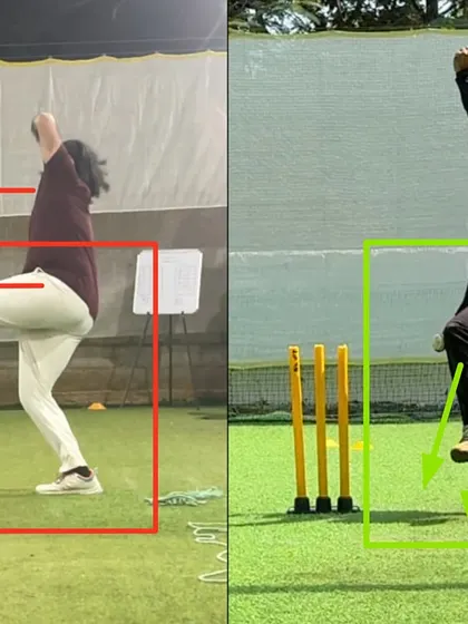 This off spinner had a misaligned action with a backward lean and opened hips. We corrected this by focusing on an efficient non-bowling arm lift and forward weight transfer, leading to a much stronger alignment.