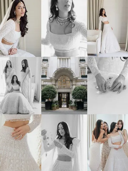 A comprehensive collage of Julia's bridal preparation, showing details of her dress, moments with her bridesmaids, and the stunning final look.