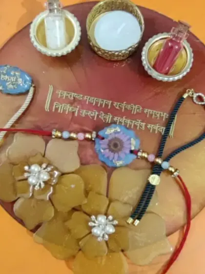 I love putting together these complete Rakhi platters. This set includes a decorative resin platter that holds the roli and chawal, a diya, and a selection of my handmade rakhis. It’s everything you need for the Raksha Bandhan ceremony.
