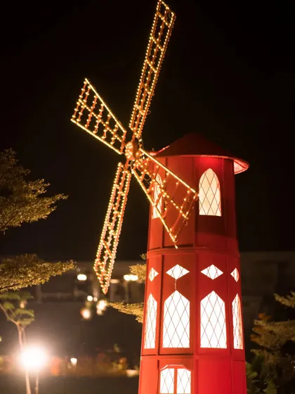 The reception for Sonam and Ross was a grand affair with a stunning red windmill and live musicians. This wide shot shows the scale and creativity we bring to destination weddings.