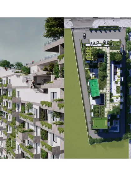 An exterior rendering and site plan for the Urban Nest concept. The design features staggered balconies and green terraces, which not only enhance the facade's attractiveness but also symbolize the importance of social interaction and connection to nature.