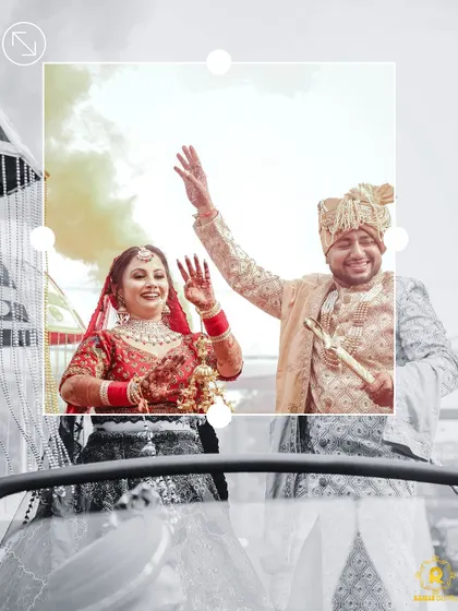 A grand entrance for the happy couple. The groom's custom golden-beige sherwani, complete with a matching turban and sword, makes for a truly memorable wedding day look.