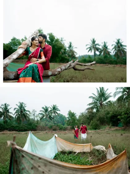 A romantic pre-wedding collage set in a rural landscape. The top frame shows an intimate embrace, while the bottom captures them walking through a field, telling a story of their journey.