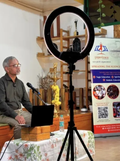 Prof. A G Ramakrishnan delivering his talk on the neuroscience of pranayama. These events bring together experts from different fields to deepen our collective understanding of yoga.