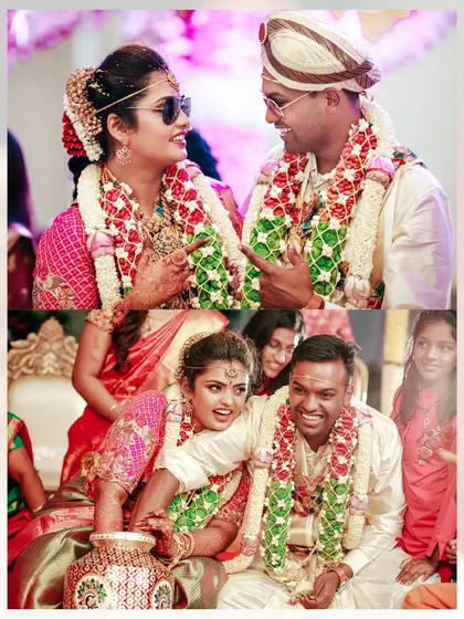 A collage of fun and candid moments from the wedding ceremony, showing the couple's playful interactions and genuine laughter.