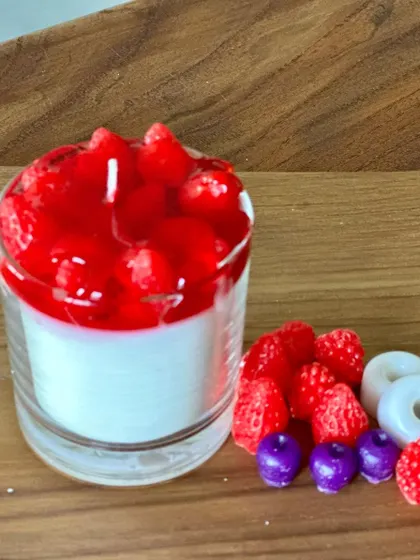 This strawberries with jam dessert candle is a new favorite. It's made with gel wax for the jam and soy wax for the cream, and it smells incredible.