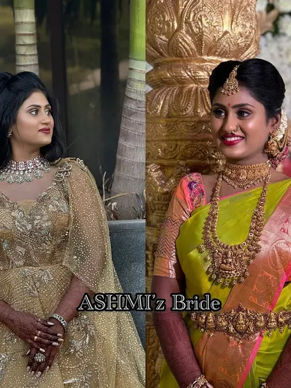 Two distinct yet equally stunning looks for bride Kowshika. On the left, a glamorous reception gown, and on the right, her traditional Muhurtham look in a beautiful green and pink silk saree.