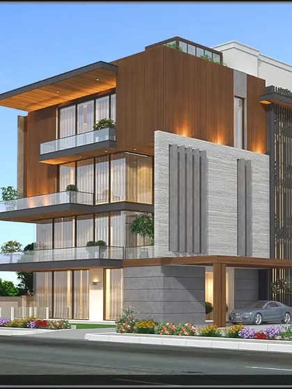 A play of clean lines, bold masses, and seamless transitions. Large glass panels blur the indoors and outdoors, while a fluted wood mass hovers over a striking double-height space in this architectural concept.