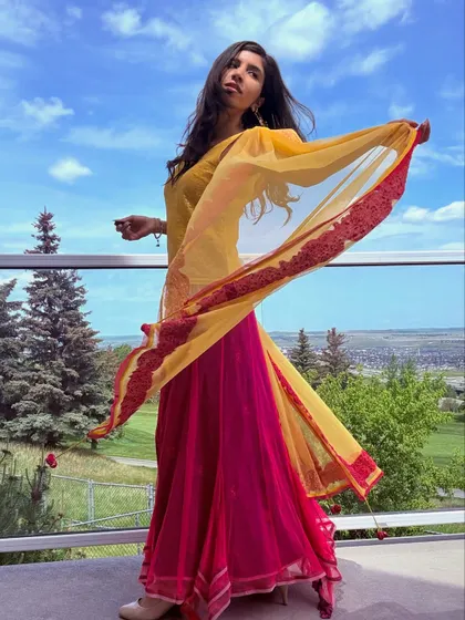 Another shot from my outdoor photoshoot, playing with the fabric and movement of this beautiful lehenga.