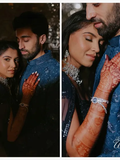 An intimate portrait of the couple in their stunning blue Sangeet outfits, showcasing their connection and the intricate details of their attire.