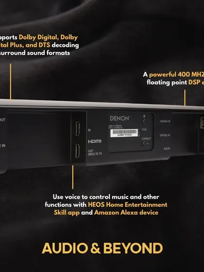 A detailed view of the Denon DHT-S516H soundbar's connectivity ports and features. It supports various Dolby and DTS surround sound formats and includes a powerful DSP engine for an immersive home theater audio experience.