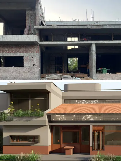 **Of Courtyards and Corners, Ahmedabad:** Another render-to-reality comparison, focusing on the facade details. The image shows the translation of the designed window placements and material textures from the digital model to the physical building.