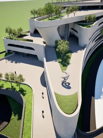 A close-up of the landscaped terraces and public art on the parking structure.