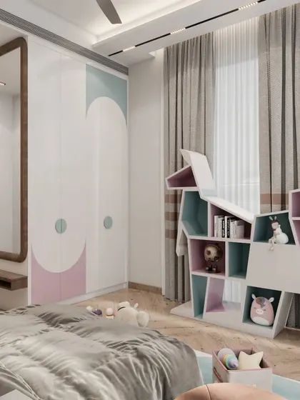 This render showcases another view of the girl's room, highlighting the custom elephant-shaped bookshelf and playful geometric patterns on the wardrobe. The design is all about sparking joy and creativity.