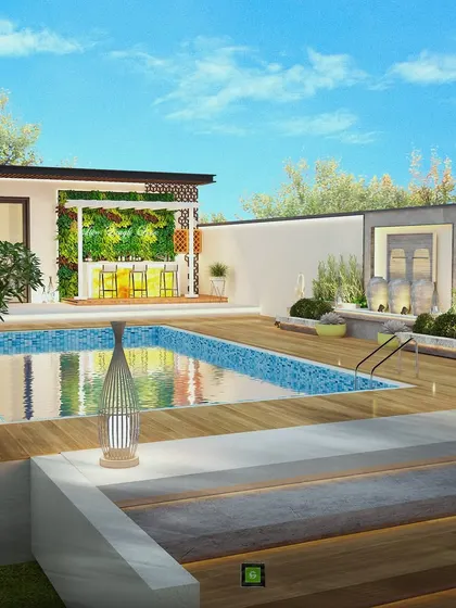 A beautiful 3D render of the pool area, featuring a wooden deck, a vertical garden behind a bar, and a small waterfall feature.
