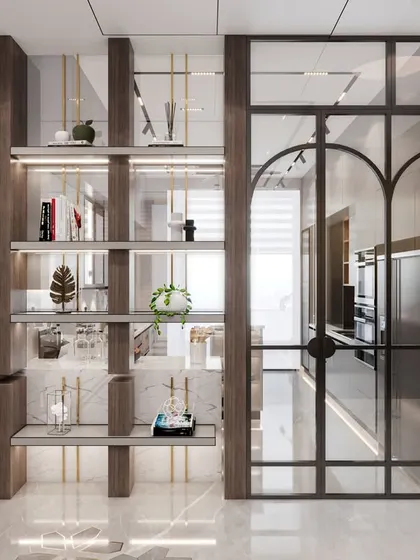A render showing the detail of a display shelf and arched glass doors leading into the kitchen. This design element adds architectural interest and a sense of openness between spaces.