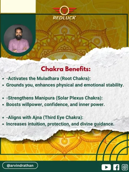 The 14-Mukhi Rudraksha offers triple chakra benefits. It activates the Muladhara (Root) for stability, strengthens the Manipura (Solar Plexus) for willpower, and aligns the Ajna (Third Eye) for divine guidance.