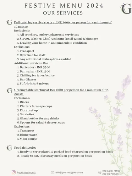 Our services and pricing information for the 2024 festive season. This menu card details the inclusions for our full catering service and grazing table setups.