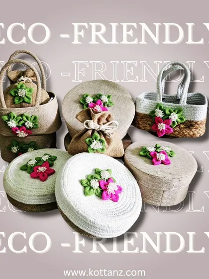 A showcase of our eco-friendly and sustainable range of jute hamper baskets and boxes. These are perfect for creating beautiful and responsible room hampers or return gifts.
