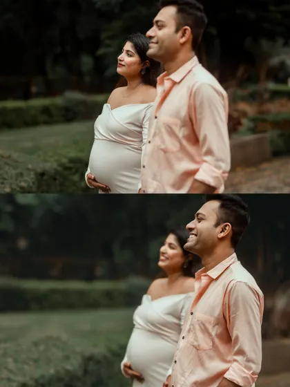 Candid moments from an outdoor maternity shoot, capturing the couple looking towards their future together.