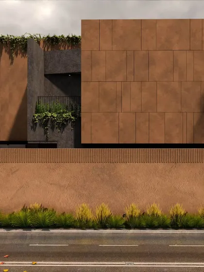 The front elevation of this home is enveloped in horizontal mud-walls, creating a warm, monolithic facade. Integrated greenery on the roof and walls enhances sustainability and softens the architectural form, creating a dialogue with the tropical surroundings.