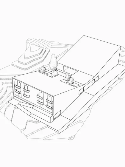 An axonometric line drawing of the community hall. This view shows the building's relationship with the terraced landscape and highlights features like the green roof and functional balconies that maximize daylight.