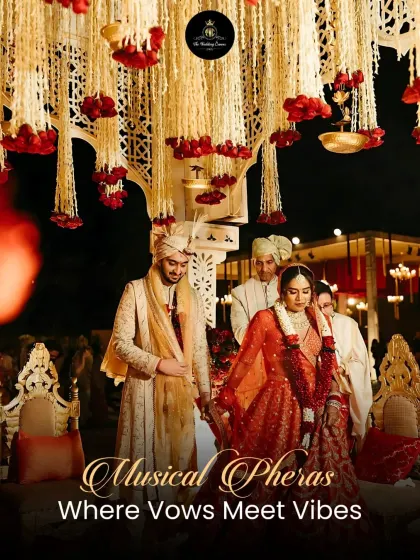 I believe in making traditions deeply personal. Musical Pheras, where vows meet vibes, are a beautiful way to do this. Here, a couple takes their sacred vows under a canopy of flowers, creating a serene and magical aura.