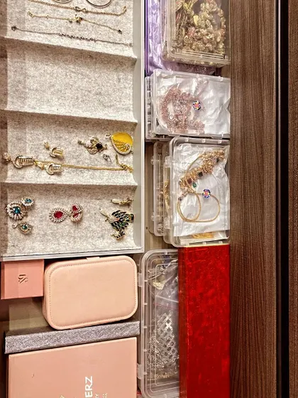 An inside-the-door jewelry organizer is a great space-saving solution. It uses vertical space to store necklaces, earrings, and bracelets, keeping them tangle-free.