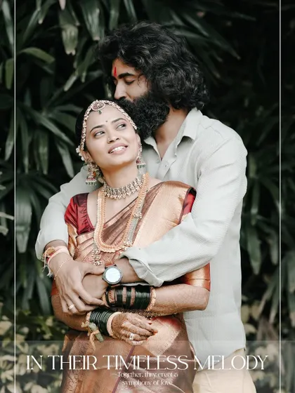 A romantic portrait of a couple in their wedding attire, framed with a "timeless melody" theme.
