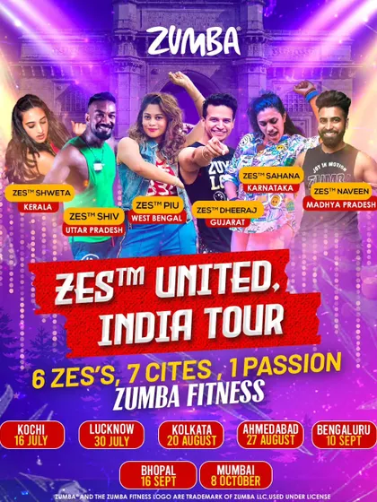 The official poster for the ZES™ United India Tour. This massive 7-city tour brought together 6 ZESes to celebrate our shared passion for Zumba Fitness with communities across the country.