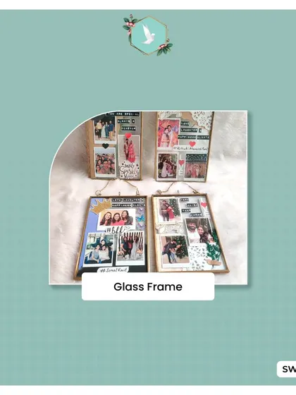 A showcase of our versatile and popular handmade glass frames. Each one is a unique collage of photos, stickers, and handwritten notes, perfect for celebrating friendships, birthdays, and anniversaries.