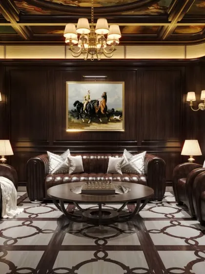 A straight-on view of the seating area in the classic lounge, showcasing the wood-paneled walls, traditional artwork, and warm ambient lighting that contribute to its sophisticated, club-like atmosphere.