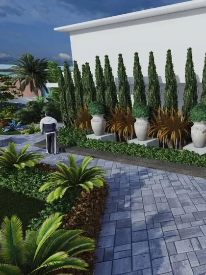 This render details a formal garden path lined with Italian Cypress trees and potted topiaries, showcasing our ability to create elegant and structured European-style gardens.