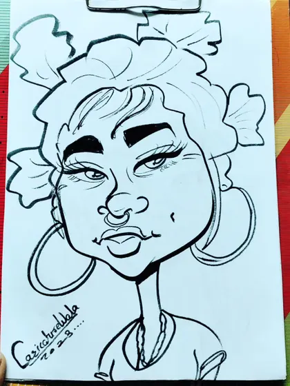 A simple and easy caricature of a woman with a unique hairstyle and large hoop earrings.