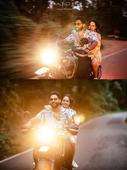 A collage of a couple on a motorcycle, capturing their adventurous spirit. The warm lens flare and their happy expressions make these photos feel energetic and full of life.